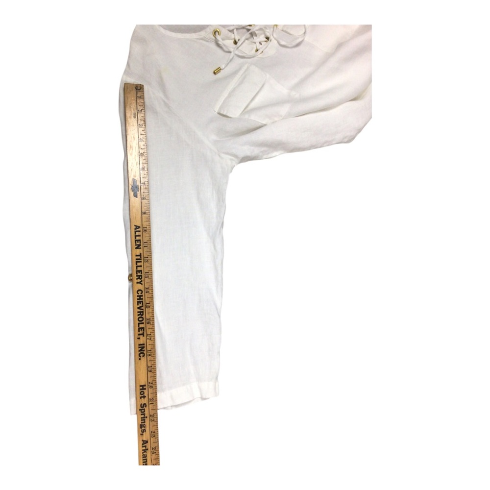 Ellen Tracy Linen Pullover Lace-Up White Tunic Top XL Roll Tab Sleeve - Picture 8 of 10